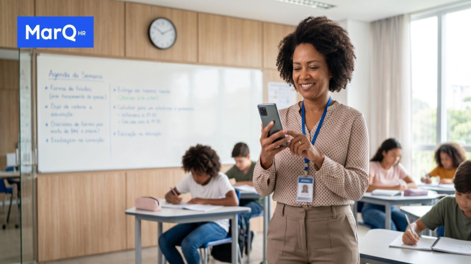Professora registra a jornada de trabalho pelo celular em uma escola.