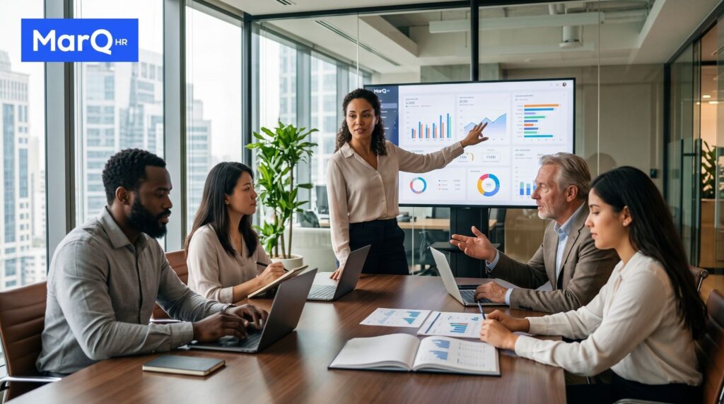 Profissionais de RH analisam dados e indicadores em uma reunião para apoiar decisões de gestão de pessoas.