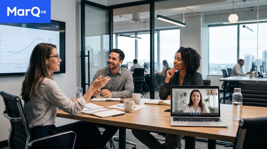 Equipe em reunião presencial com uma colaboradora participando remotamente por videoconferência em um notebook.