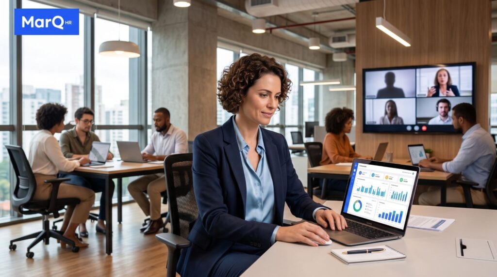 Gestora de RH analisando dados da equipe em um notebook enquanto colaboradores trabalham presencialmente e remotamente.