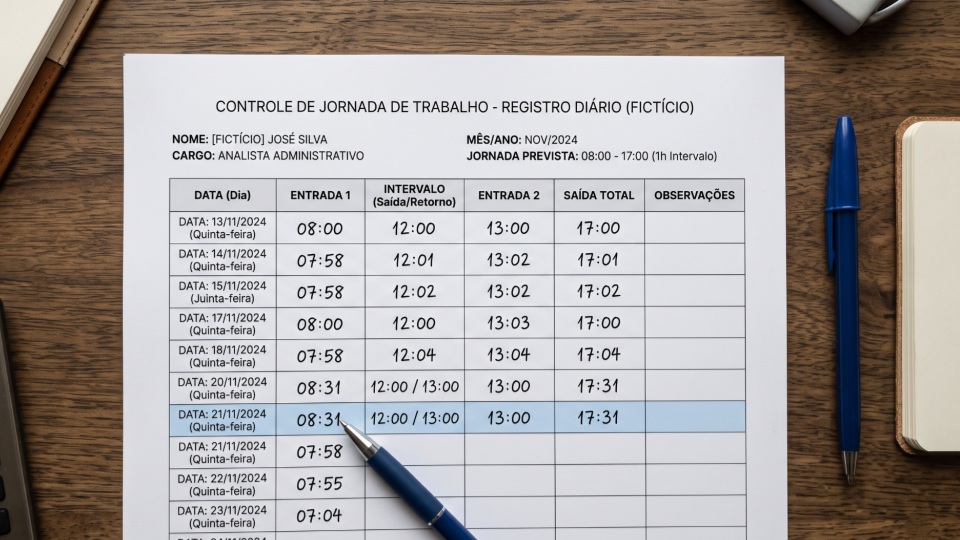 Folha de controle de jornada fictícia com horário divergente destacado para análise do RH.