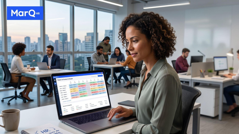 Profissional de RH organizando a escala 12x36 de colaboradores em um computador.