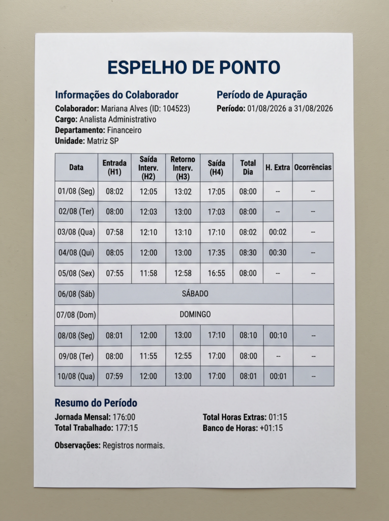 Espelho de ponto eletrônico fictício com registros de entrada, saída, intervalos, horas trabalhadas, horas extras, banco de horas e ocorrências para análise do RH.