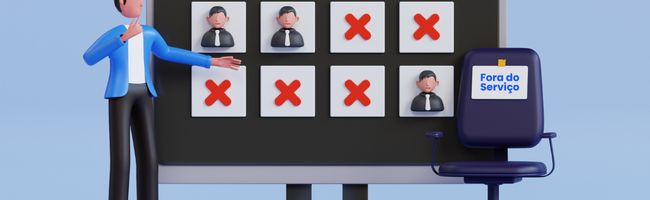 Ilustração sobre indicadores de absenteísmo, com faltas de colaboradores sinalizadas em um painel e a expressão “Fora do Serviço”.