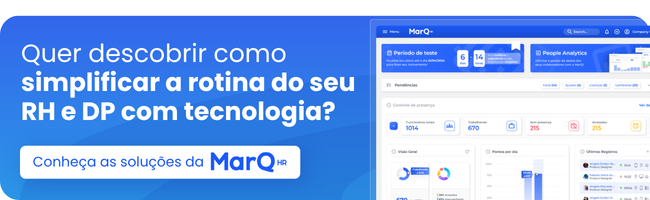 Banner da MarQ HR sobre tecnologia para RH e DP, com imagem da plataforma de gestão e convite para conhecer suas soluções digitais.