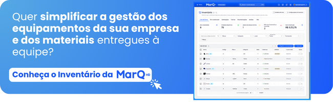 Banner do Inventário MarQ com tela da plataforma para gestão de equipamentos e controle de materiais entregues aos colaboradores.